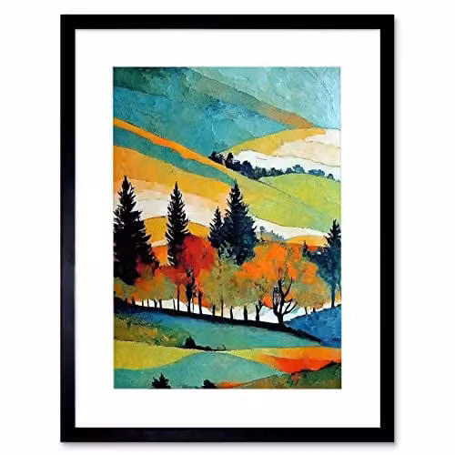 Wee Blue Coo Colourful Autumn Landscape Scotland Hillside Forest Framed Oil Painting Wall Art Print, W/H: 30.5 x 40.6 cm – 1