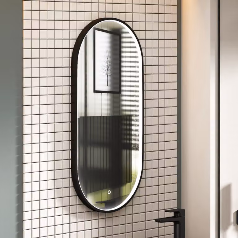 Royal Bathrooms Luxor Capsule Mirror with Matt Black Frame, LED Light, Touch Sensor and Demister Pad, W: 90 cm, H: 45 cm