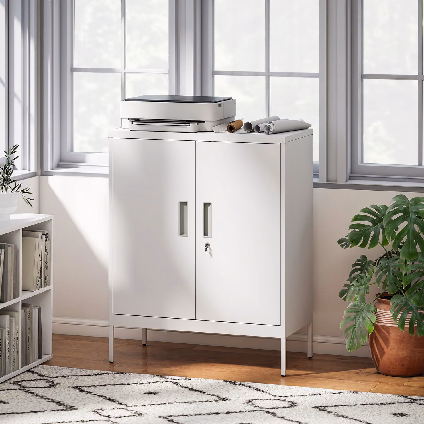 HOMCOM White Metal Freestanding Storage Cabinet with Lock and Adjustable Shelves – 2