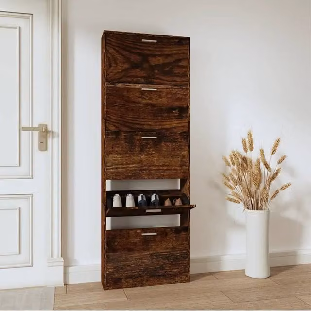 Berkfield Home Smoked Oak Shoe Cabinet in Brown, W: 59 cm, D: 17 cm, H: 169 cm – 1