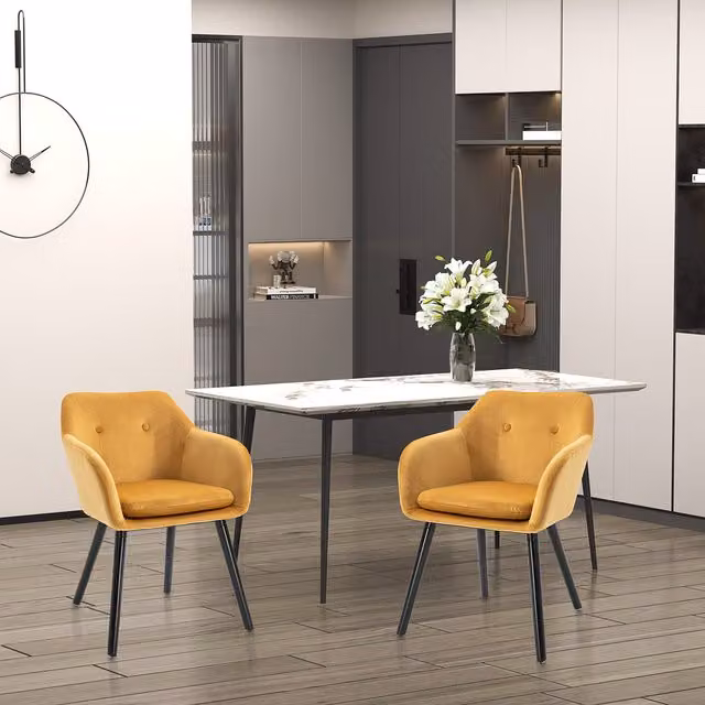 HOMCOM Set of 2 Modern Yellow Upholstered Velvet Dining Chairs with Metal and Wood Legs