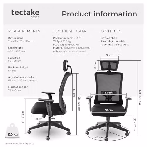 tectake Ergonomic Office Chair in Black with Headrest, Armrests and 360 Degree Swivel Function – 2