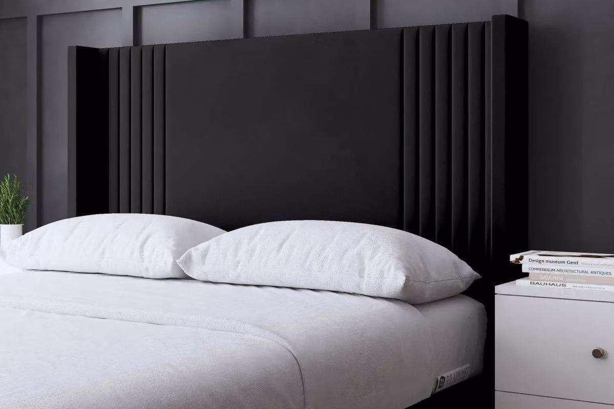 DS Living Elara Winged Black Velvet Panel Ottoman Bed with Headboard, Super King, W/D/H: 190 x 220 cm – 2