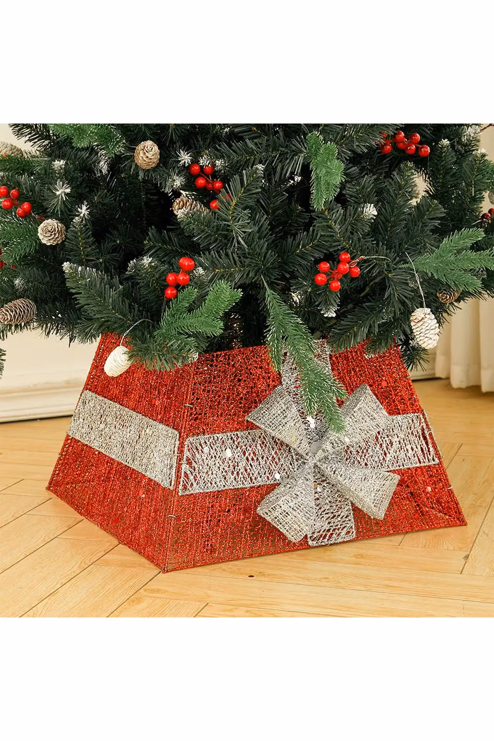Living and Home Red Shiny Sequins Christmas Tree Skirt with LED Light and Square Metal Stand Base, W/D: 33 x 33 cm – 2