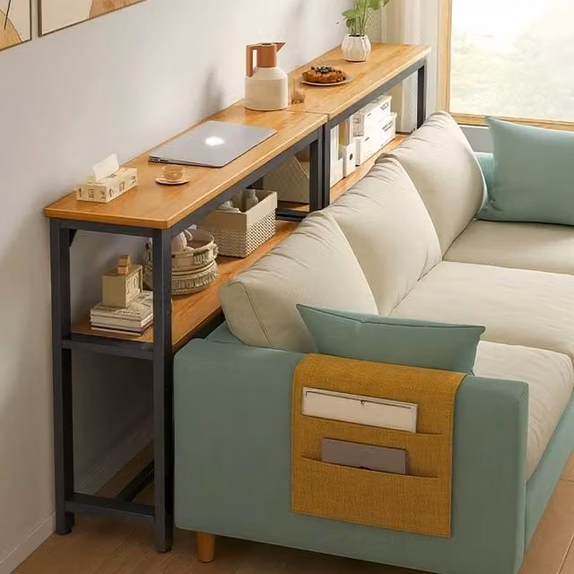 KORVIXA Double Layer Wood Long Rectangle Side Table in Brown