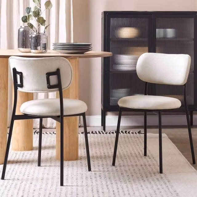 Wyld and Coco Set of 2 Beige Polyester Armless Dining Chairs with Painted Iron Legs – 1