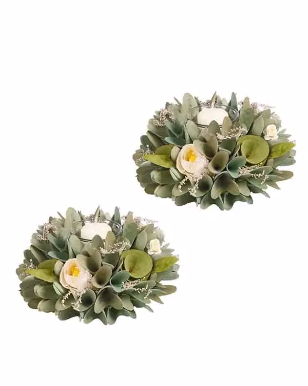 Dibor Set of 2 Floral Green and White Round Wood Tabletop Votive Candle Holders, Dia: 16 cm – 2