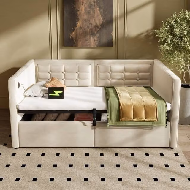 Rolipo Single Velvet Daybed with Hydraulic Storage and USB Charging Port, Beige, W/D/H: 90 x 190 cm – 1