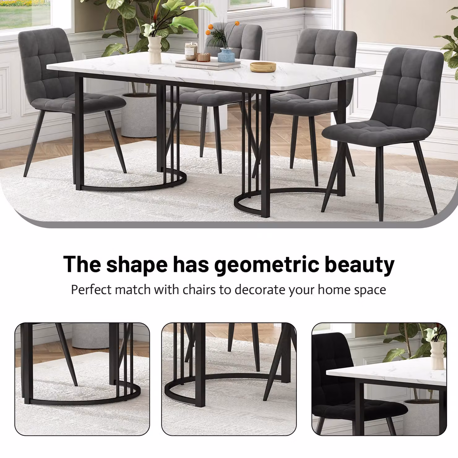 HomeTouch Rectangular Marble Effect Dining Table with Metal Frame in White – 3