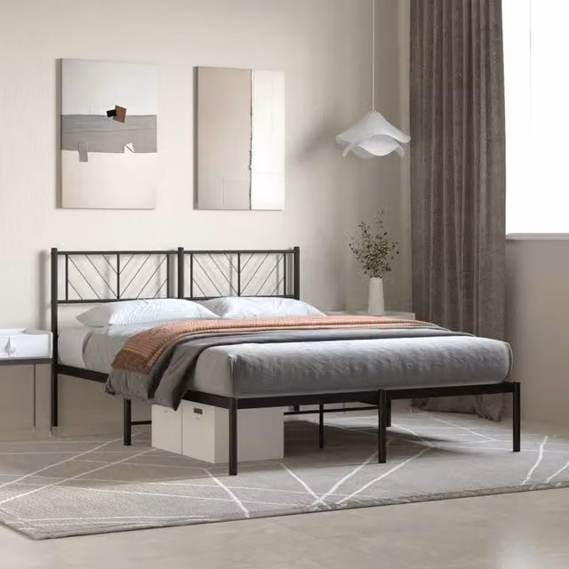 Berkfield Home Metal Bed Frame with Headboard in Black, W/D/H: 150 x 200 cm