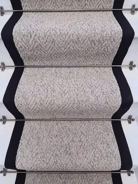 RainbowHome Herringbone Mirage Grey Stair Runner with 100% Cotton Black Border, W: 70 cm, L: 600 cm – 1