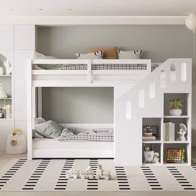 ModernLuxe Kids Bunk Bed with Two Single Beds, Storage Stairs and Safety Rails, White