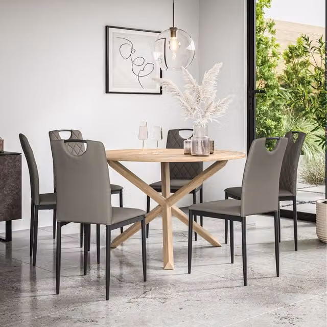 More4Homes Malvern Round Oak Effect Dining Table Set with 6 Chairs, Grey, W/D/H: 120 x 120 x 75 cm