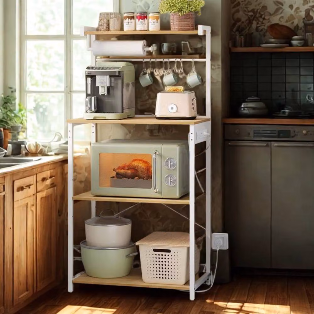 Pirlo Plush Industrial 4 Tier Smart Kitchen Bakers Rack with Power Outlets in Light Oak – 4