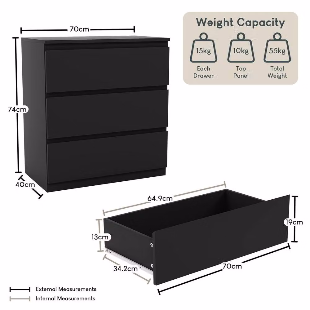 FORGEVIO Matt Black 3 Drawer Bedside Chest Freestanding Bedroom Storage – 2
