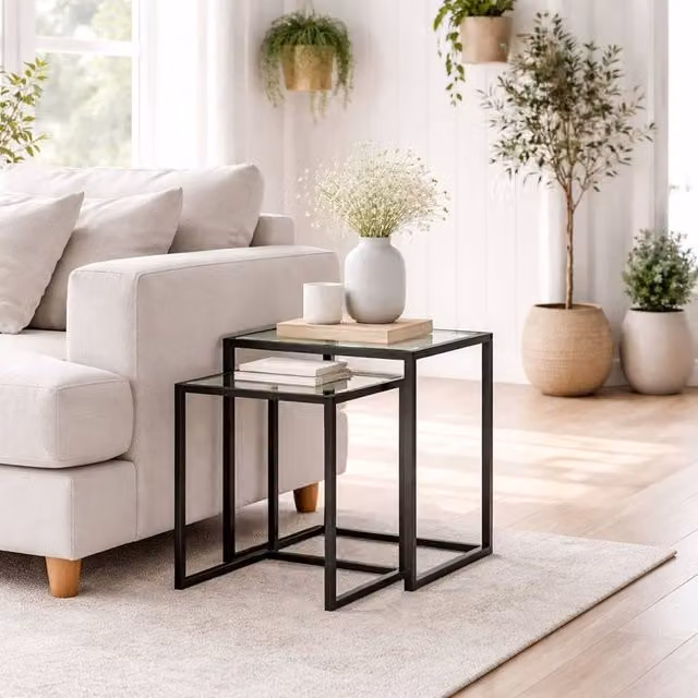 Wyld Haus Riraro Black Set of 2 Nesting Side Tables with Tempered Glass Tops