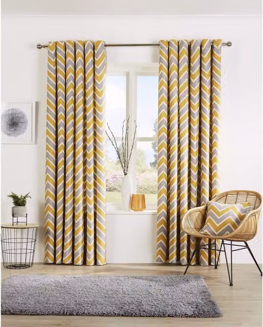 NewEdgeBlinds Yellow Chevron Eyelet Fabric Curtains, W: 167 cm, H: 228 cm