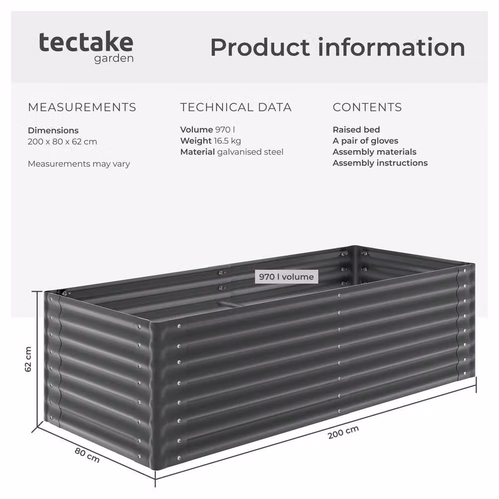 tectake Blomma Galvanised Steel Raised Garden Bed in Dark Grey, W: 200 cm, D: 80 cm, H: 62 cm – 6