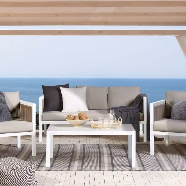 Wyld and Coco 5 Seater L-Shape Outdoor Corner Sofa Set with Coffee Table, Brown Powder Coated Aluminium Frame and White Cushions