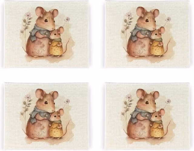 Purely Home Set of 4 White Graphic Mouse Linen Square Placemats