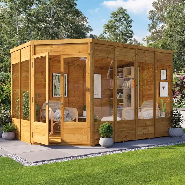 BillyOh Renna Tongue and Groove Corner Summerhouse in Brown with Pent Roof and Left-Hand Doors