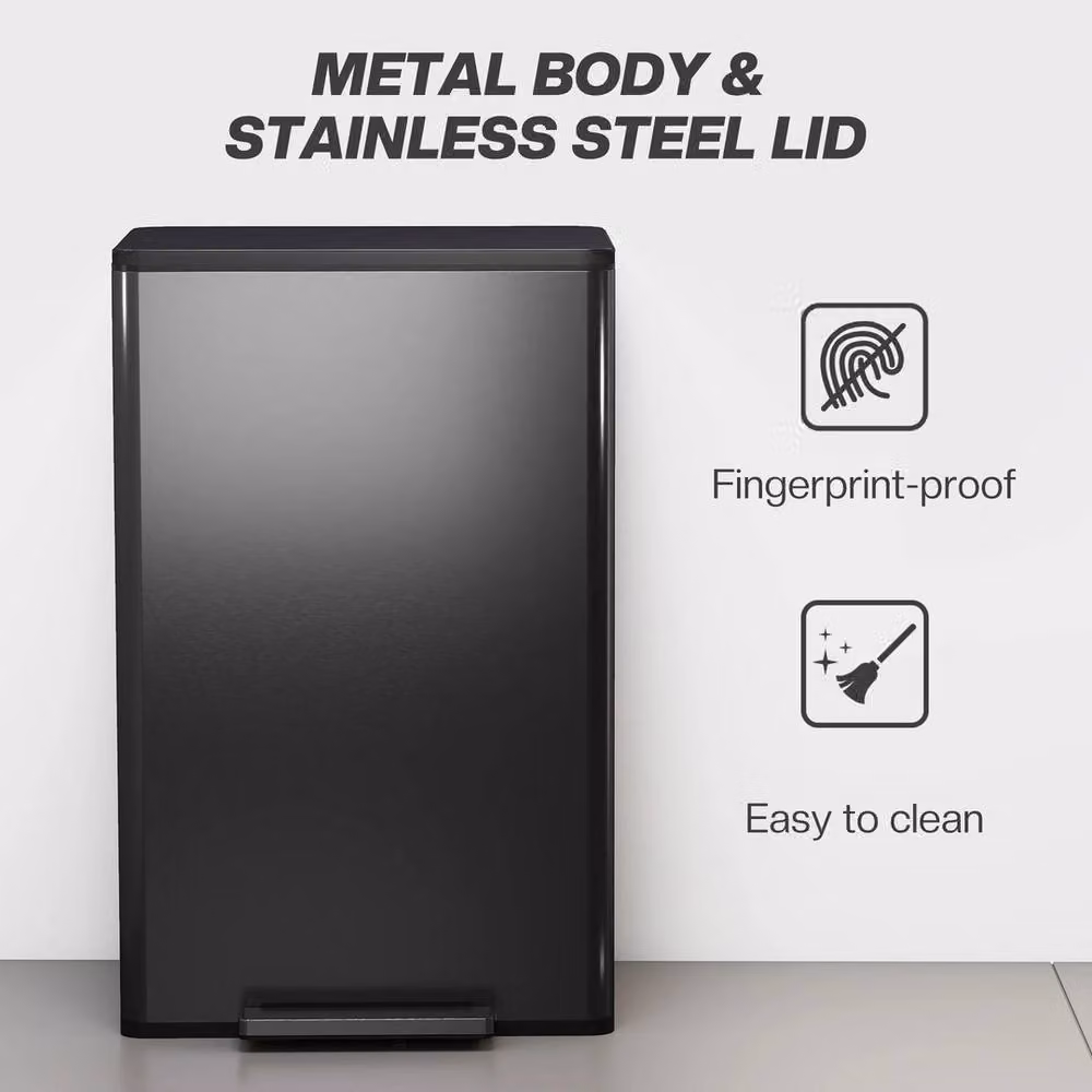 VOGREX 45L Black Stainless Steel Kitchen Bin with Soft Close Pedal and Removable Inner Bucket – 5