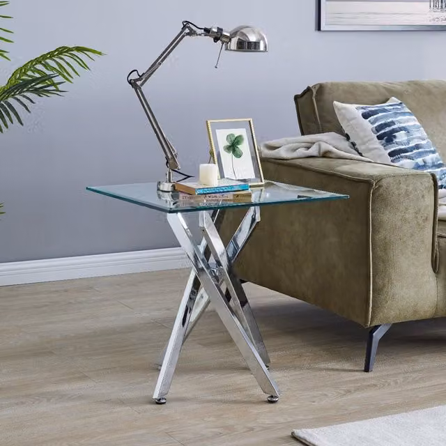 FurnitureboxUK Leonardo Chrome Metal and Glass Console, Coffee, End and Side Table Set in Grey and Transparent