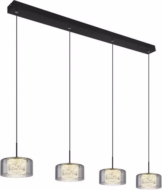 Netlighting Fogsy Bar Pendant Light with Matt Black Metal and Transparent Grey Glass Shade, 4x LED 4000K, Height Adjustable
