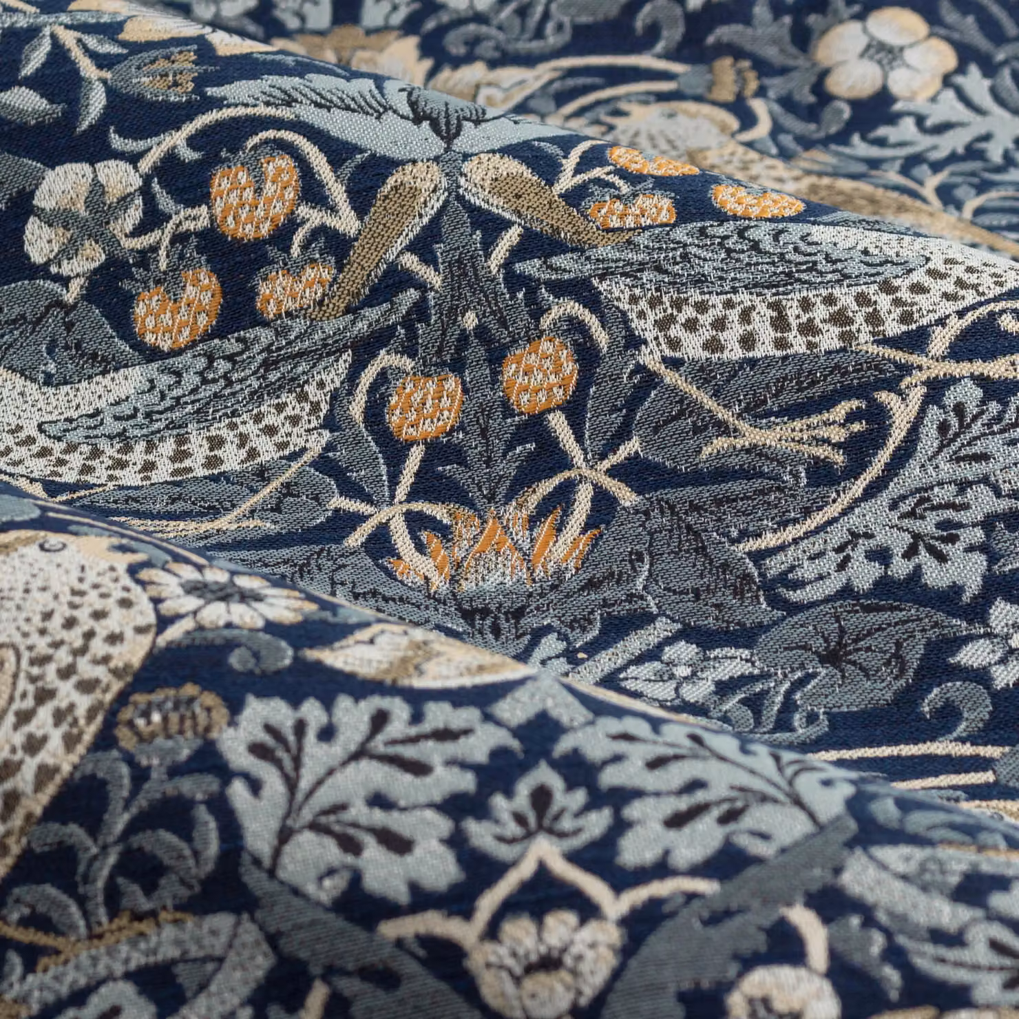 Morris & Co. Strawberry Thief Jacquard Floral Pencil Pleat Curtains, Indigo, Width: 229 cm, Drop: 229 cm – 5