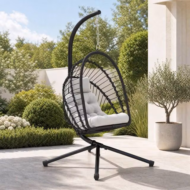 STILVORA Black Rattan Swing Chair with Cushion and Folding Basket
