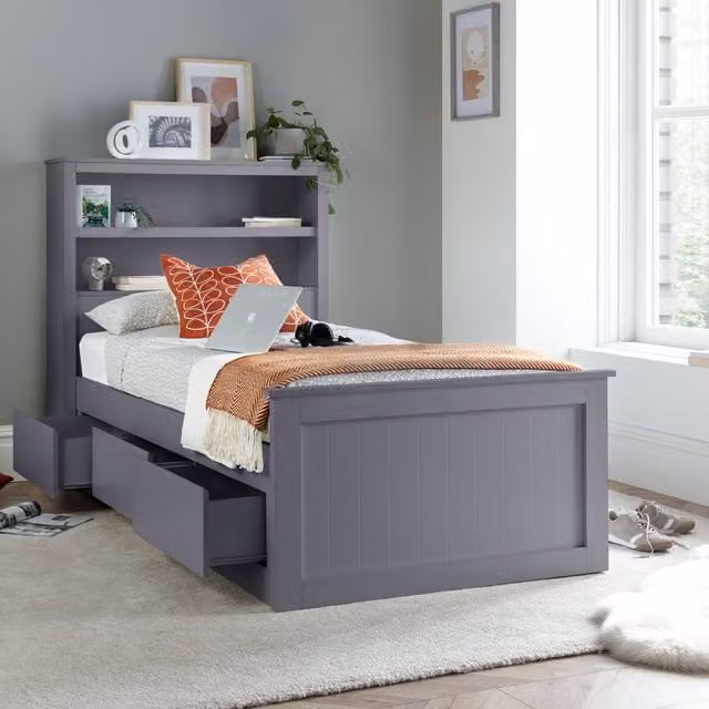 Bedmaster Enzo Grey Solid Wood 3 Drawer Storage Bookcase Bed, 90 x 200 cm