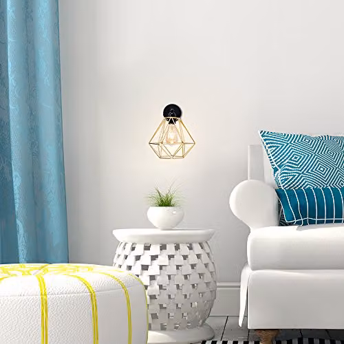 MiniSun Industrial Steampunk Satin Black Pipework Single Wall Light with Gold Metal Basket Cage Shade – 4