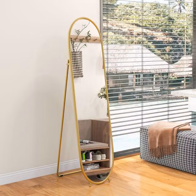 HOMCOM Modern Oval Full Length Mirror in Gold Tone for Wall-Mount or Leaning
