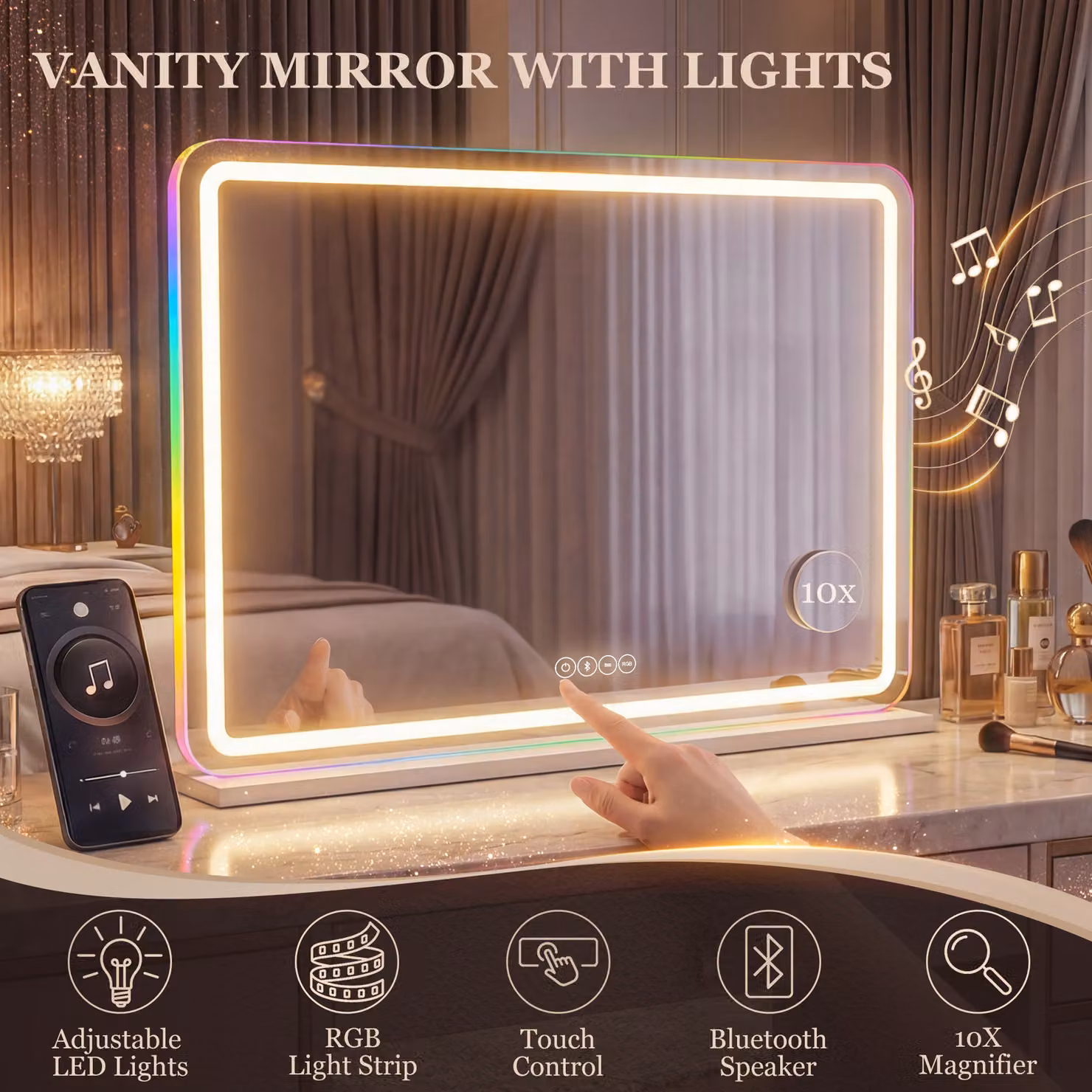 HOMCOM White LED Vanity Mirror with Dimmable RGB Lights and Bluetooth Speaker – 4