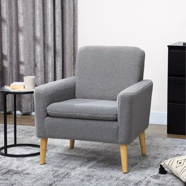 HOMCOM Grey Teddy Bouclé Armchair with Wood Legs and Armrests
