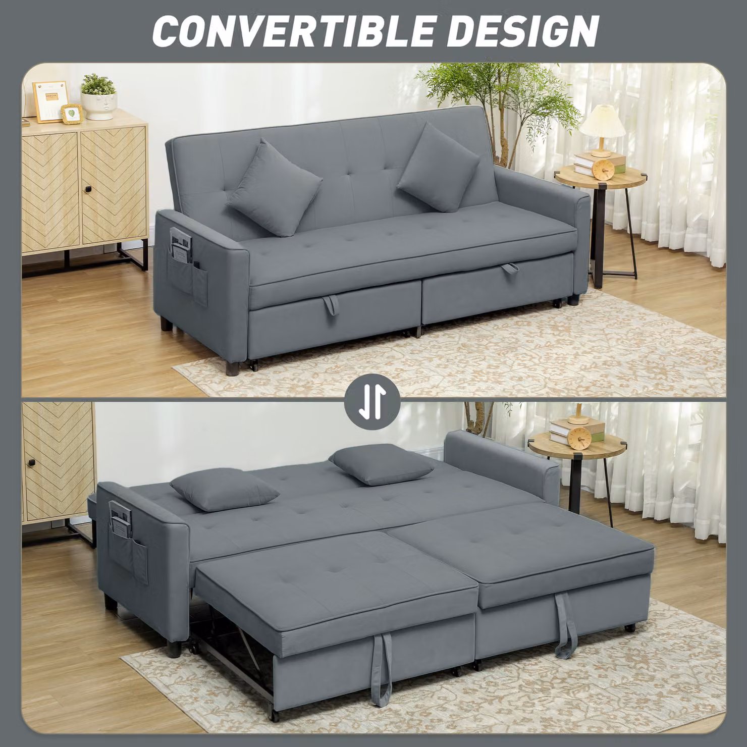 HOMCOM 3 Seater Velvet Click-Clack Sofa Bed in Grey, W/D/H: 200 x 140 x 89 cm – 4