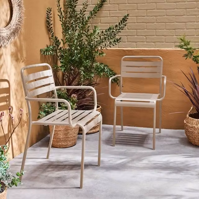 sweeek Set of 2 Stackable Powder Coated Steel Garden Armchairs in Beige – 1