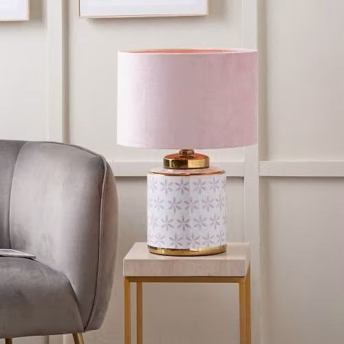 Ruma Lillac & Gold Leaf Ceramic Table Lamp with Blush Pink Velvet Cylinder Shade