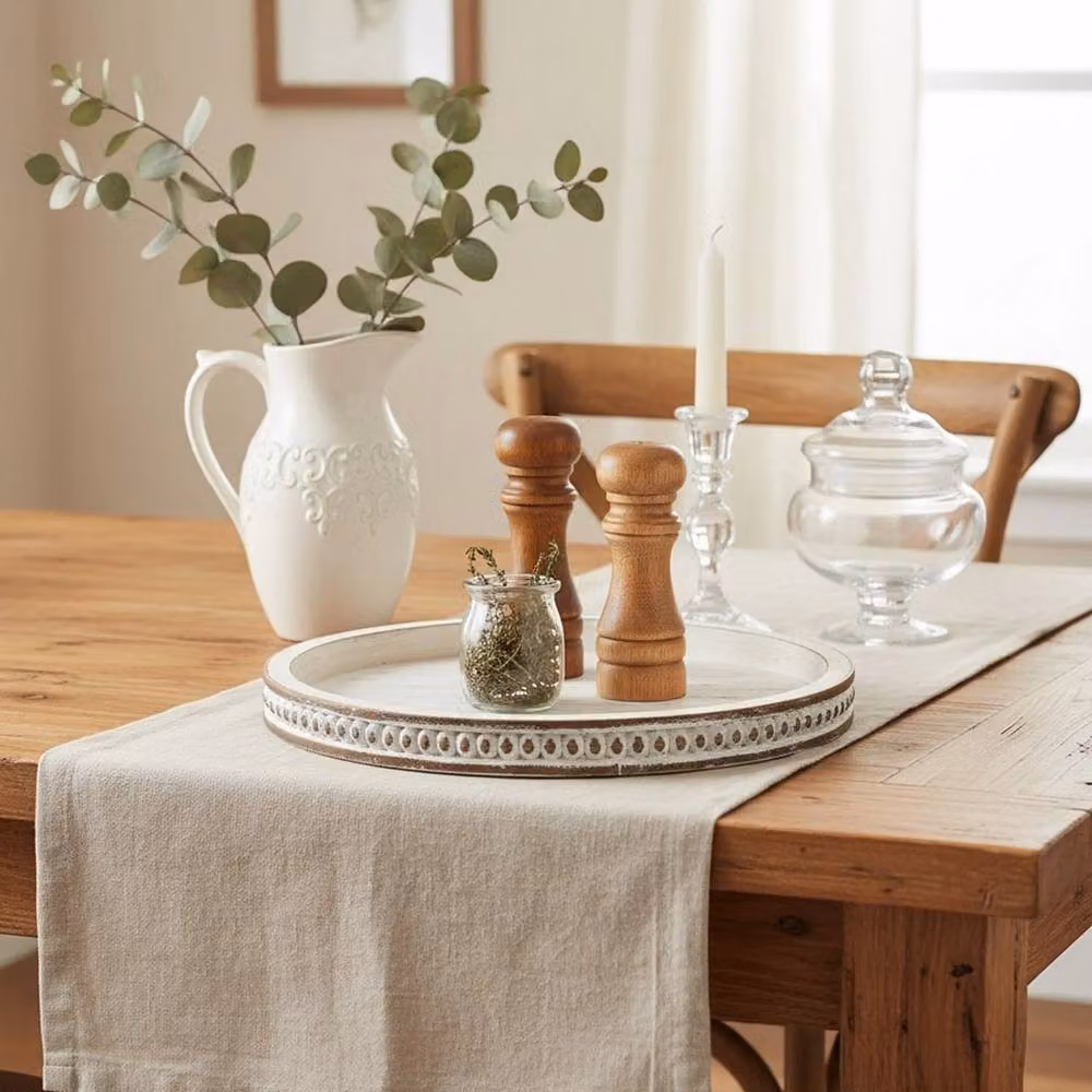 Havendro White Vintage Round Wooden Decorative Tray, Diameter: 30 cm – 2