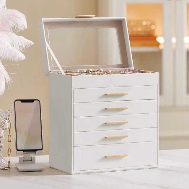 SONGMICS 6-Tier Jewellery Box with Glass Lid in White and Gold