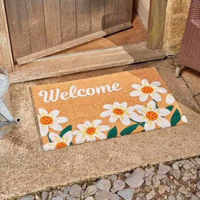 Garden Mile Heavy Duty Rectangular Coir Door Mat with Floral Daisy Design in Brown, White and Green