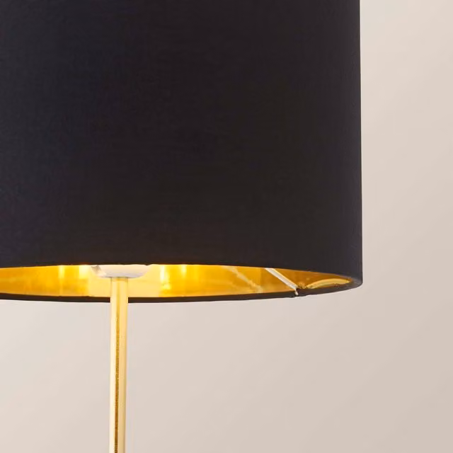 ValueLights Charlie Gold Stem Table Lamp with Black Fabric Drum and Gold Inner Shade including Bulb – 1