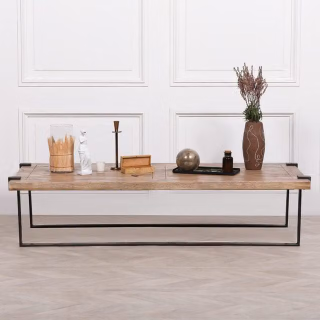 Glasstone Industrial Wrought Iron Coffee Table with Rustic Wood Top in Brown – 1