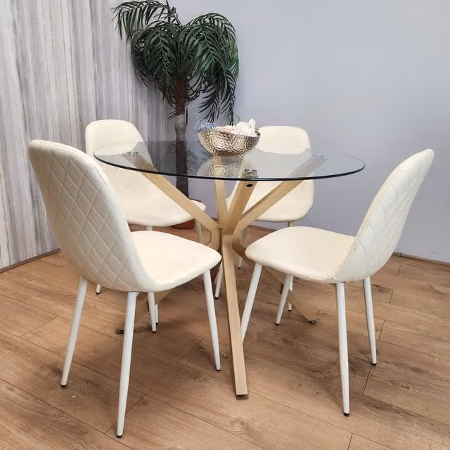 Kosy Koala Modern Round Glass Dining Table with 4 Beige Chairs Set