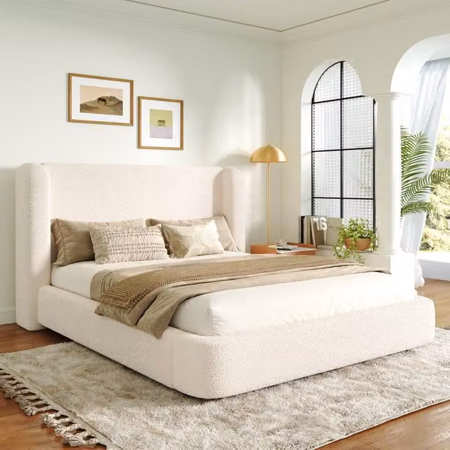 Matteo Cream White Bouclé Upholstered King Size Ottoman Storage Bed with Lift Up Base