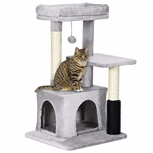 PawHut Grey Cat Tree with Condo, Cave, and Integrated Toys, H 85 cm x W 48 cm x D 48 cm