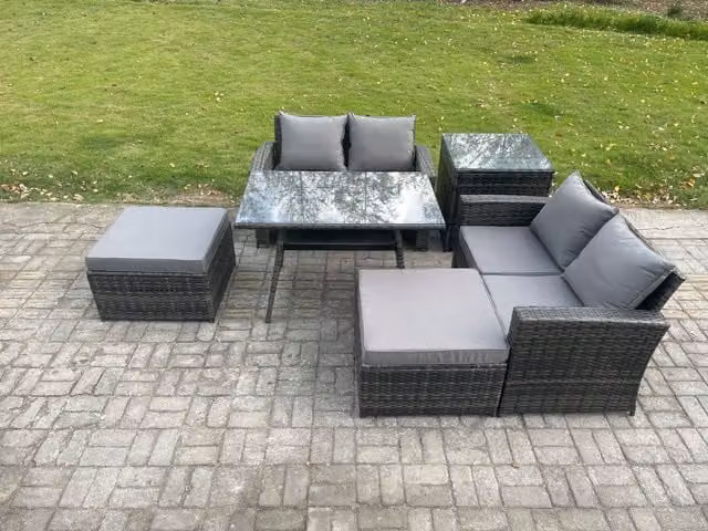 Fimous 6 Seater Grey PE Rattan Garden Dining Set with Rectangular Table, Double Sofa, Two Footstools and Side Table