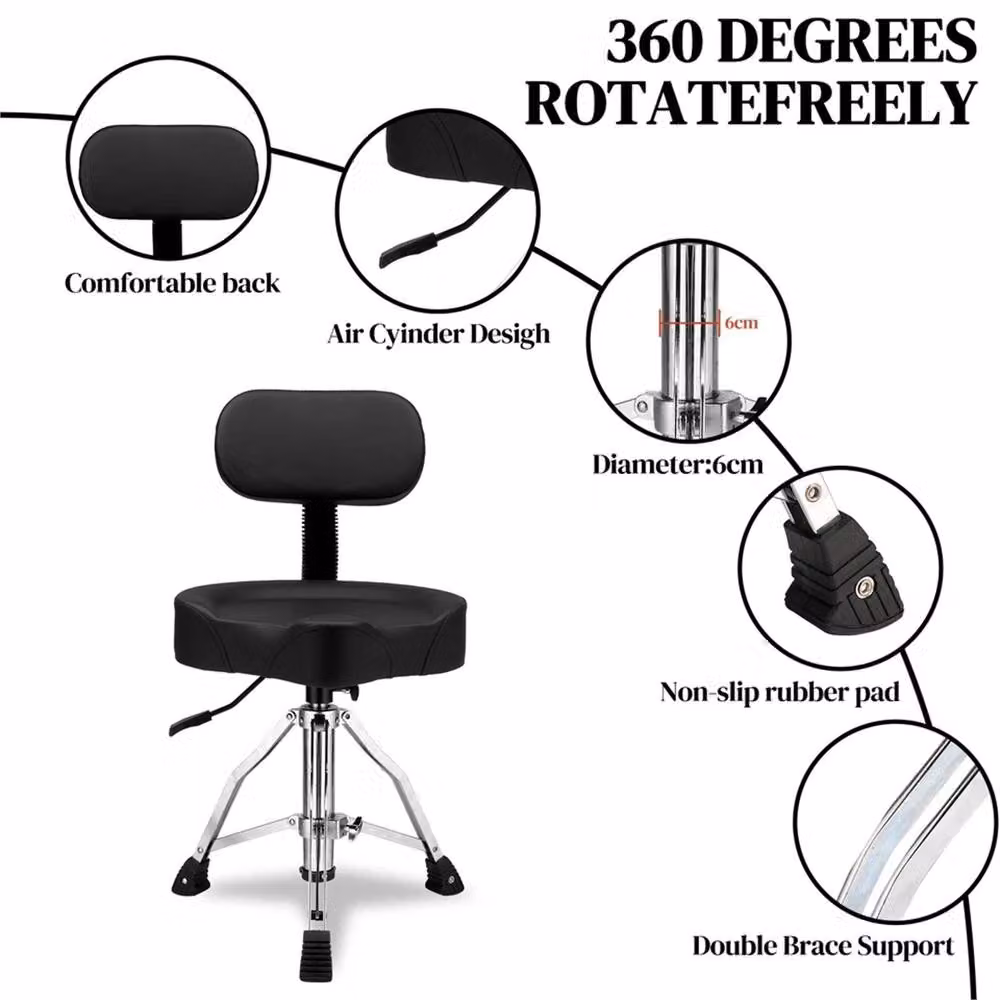 VOGREX Black Adjustable Hydraulic Drum Stool with Backrest and Matt Metal Finish – 3