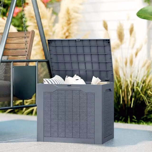 OUTSUNNY 97L Plastic Garden Storage Box with Handles, Light Grey – 1