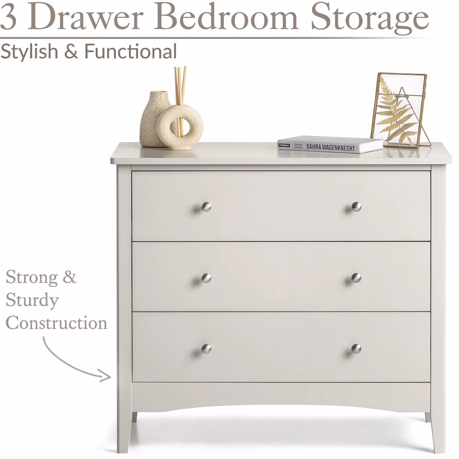 Christow Modern 3 Drawer Natural Chest of Drawers in Brown, H 80 x W 70 x D 40 cm